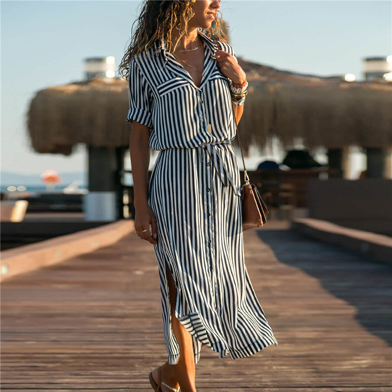 Stripe Shirt Women's Dress 2021 Spring Summer Chiffon V-neck Sexy Maxi Dresses Sexy Elegant Casual Girl Lace Women Long Sleeve