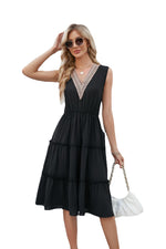 V-neck Dresses Women Sleeveless Pleated Ruffle Elegant Dress Beach Summer