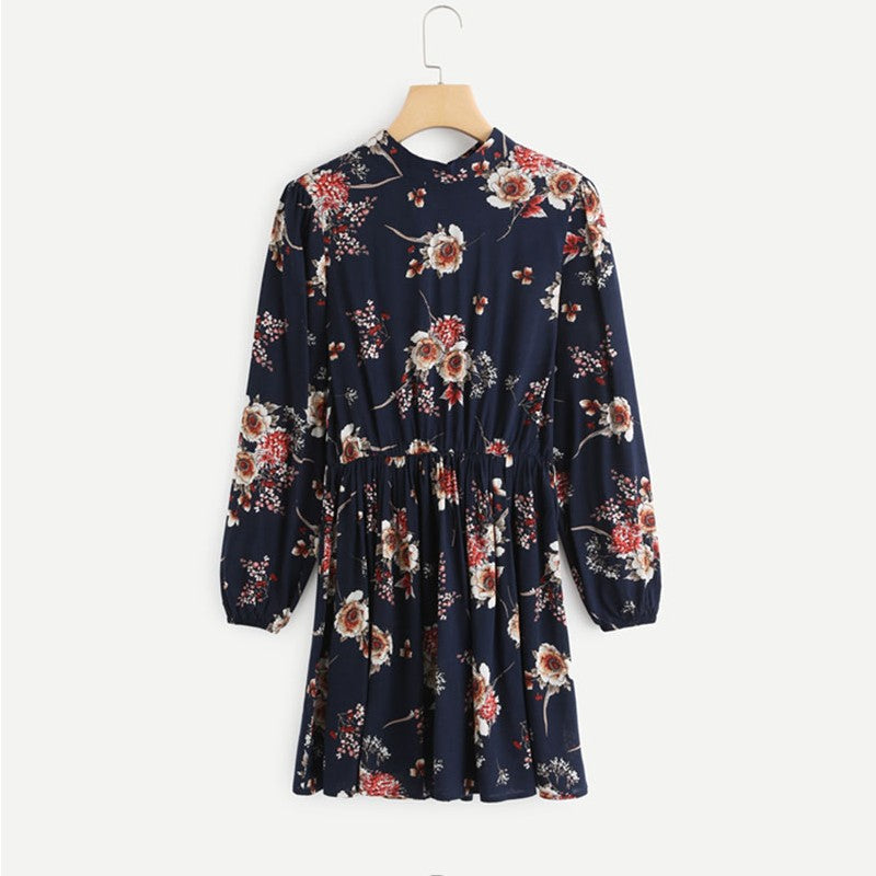 Autumn Floral Women Dresses Multicolor Elegant Long Sleeve High Waist A Line Chic Dress Ladies Tie Neck Dress