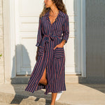 Stripe Shirt Women's Dress 2021 Spring Summer Chiffon V-neck Sexy Maxi Dresses Sexy Elegant Casual Girl Lace Women Long Sleeve