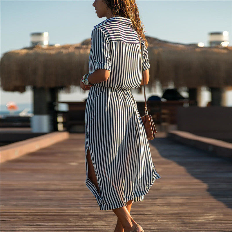 Stripe Shirt Women's Dress 2021 Spring Summer Chiffon V-neck Sexy Maxi Dresses Sexy Elegant Casual Girl Lace Women Long Sleeve