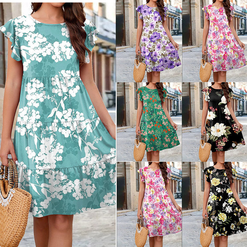 Ruffle Sleeve Dress Summer Loose Flower Print Beach Dresses Sweet Skirt Women