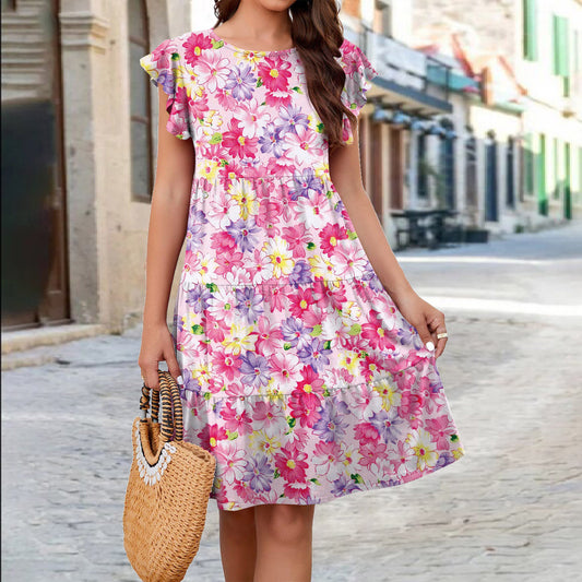 Ruffle Sleeve Dress Summer Loose Flower Print Beach Dresses Sweet Skirt Women