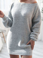 Rib-Knit Balloon Sleeve Boat Neck Sweater Dress