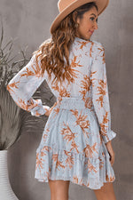 Floral Deep V Flounce Sleeve Mini Dress