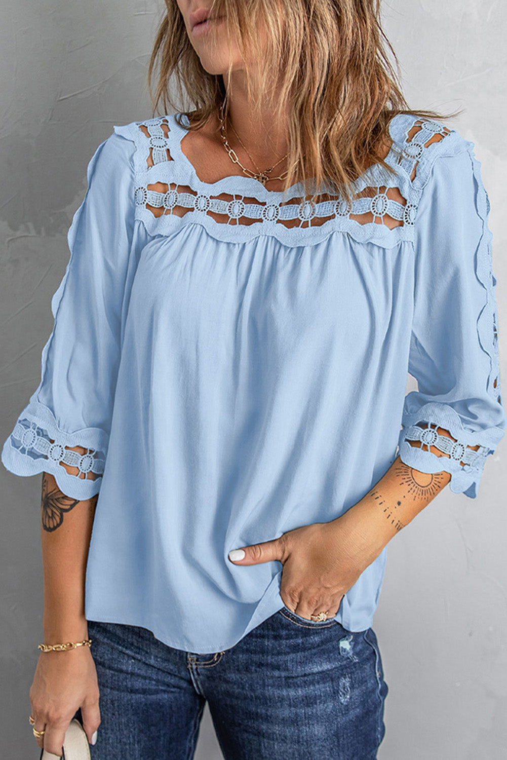 Crochet Openwork Three-Quarter Sleeve Blouse