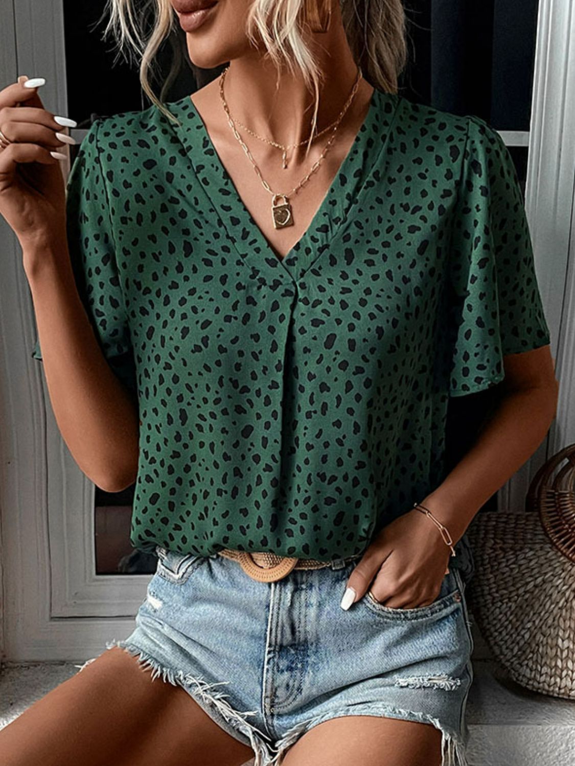 Animal Print V-Neck Flutter Sleeve Blouse