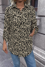 Double Take Leopard Roll-Tap Sleeve Shirt