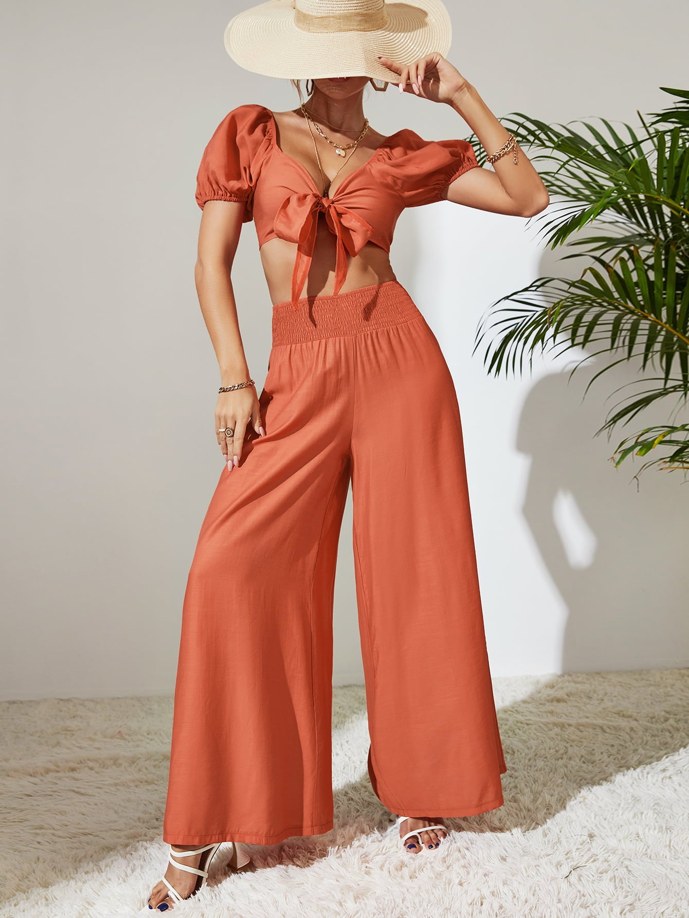 Tie Front Cropped Top and Smocked Wide Leg Pants Set