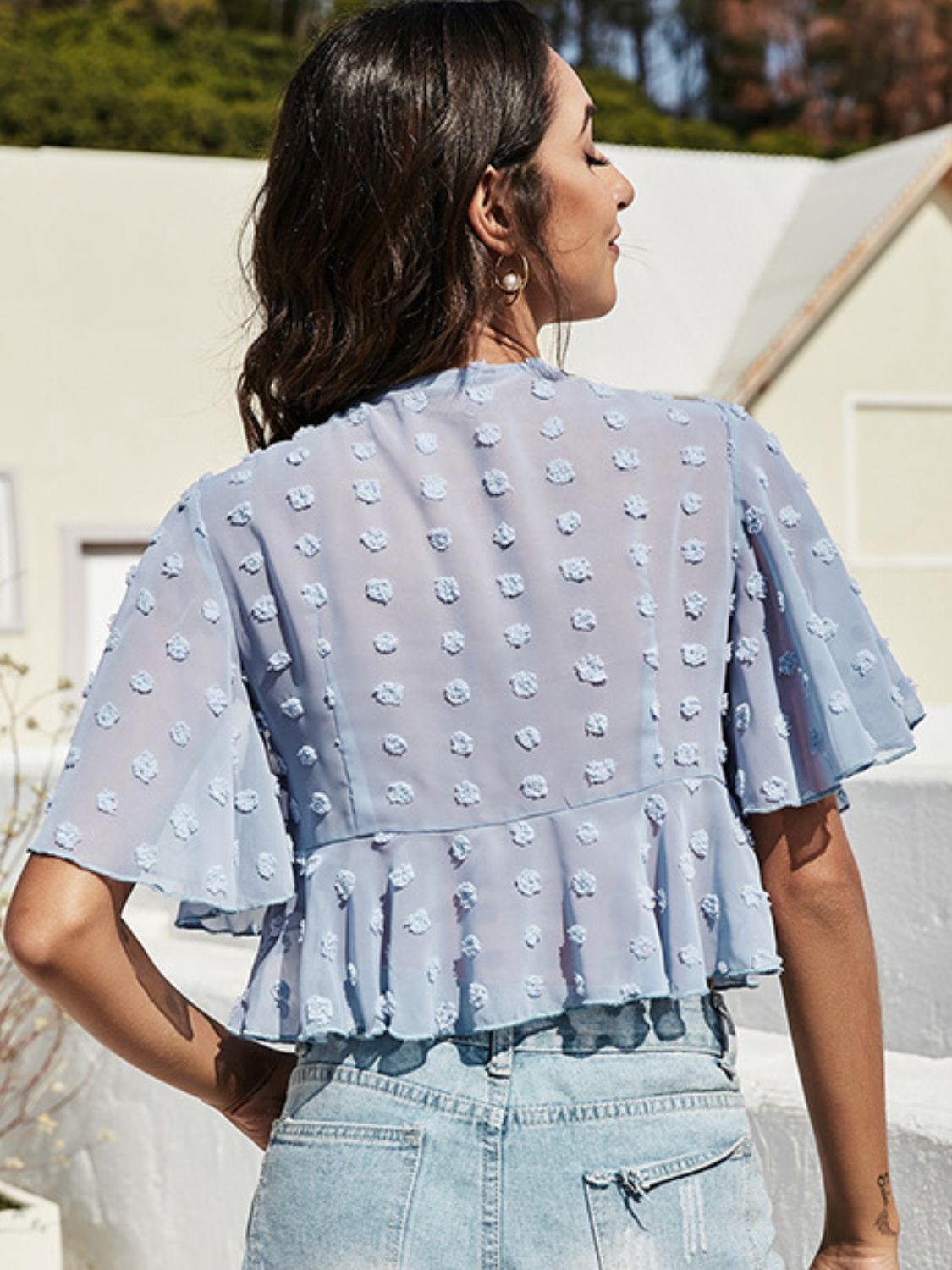 Swiss Dot Tied Flutter Sleeve Cropped Blouse