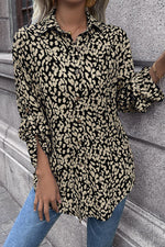 Double Take Leopard Roll-Tap Sleeve Shirt