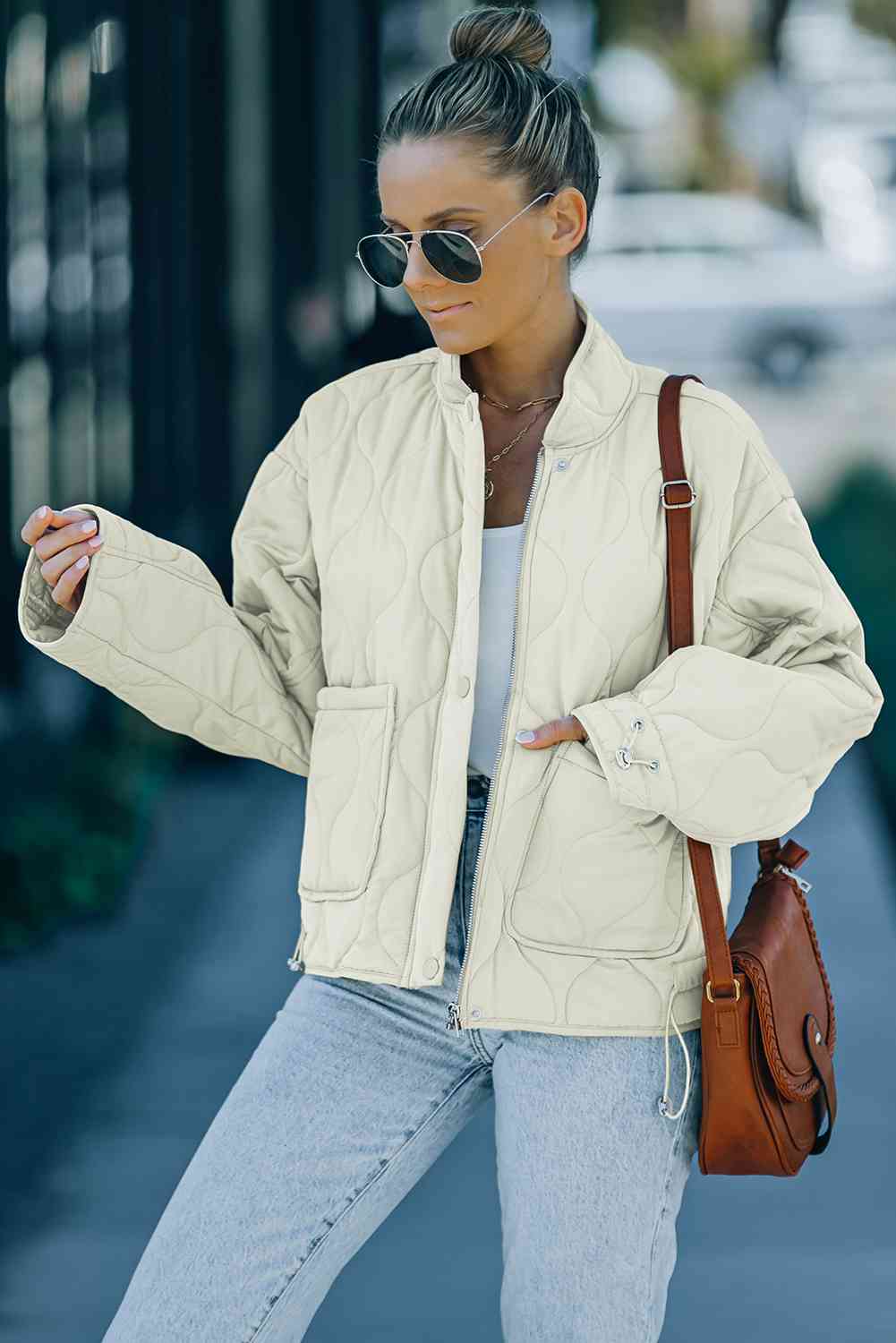 Drawstring Dropped Shoulder Quilted Jacket