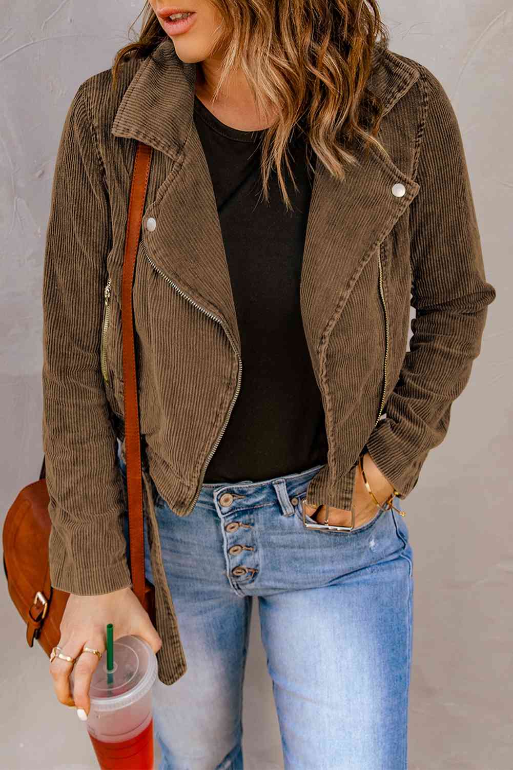 Belted Zip-Up Corduroy Jacket