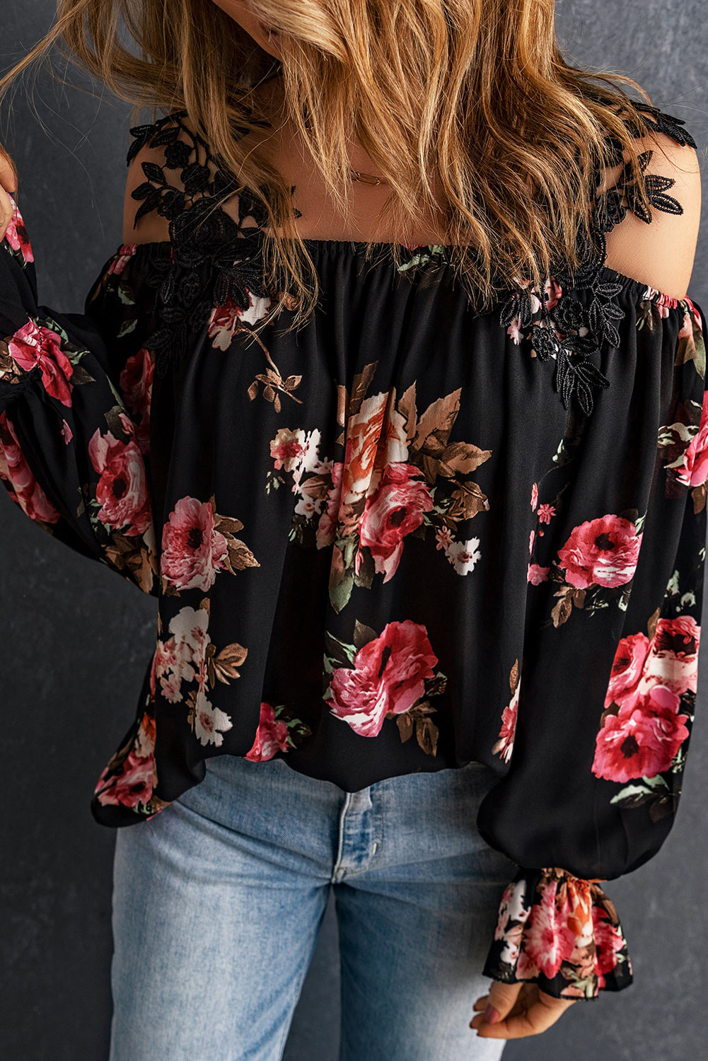 Floral Lace Cold-Shoulder Flounce Sleeve Blouse