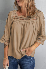 Crochet Openwork Three-Quarter Sleeve Blouse