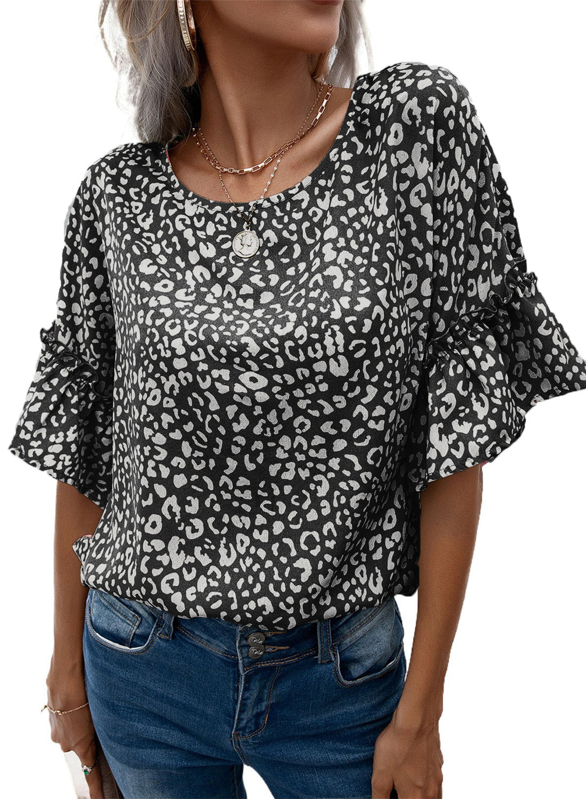 Leopard Round Neck Frill Trim Blouse