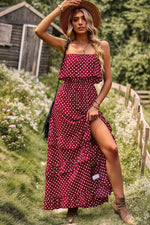 Polka Dot Strapless Slit Ruffled Maxi Dress