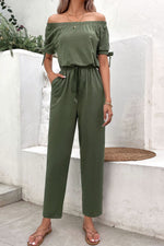 Off-Shoulder Tie Cuff Jumpsuit with Pockets