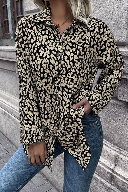 Double Take Leopard Roll-Tap Sleeve Shirt