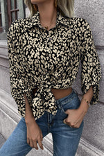 Double Take Leopard Roll-Tap Sleeve Shirt