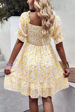 Floral Smocked Square Neck Flounce Sleeve Dress