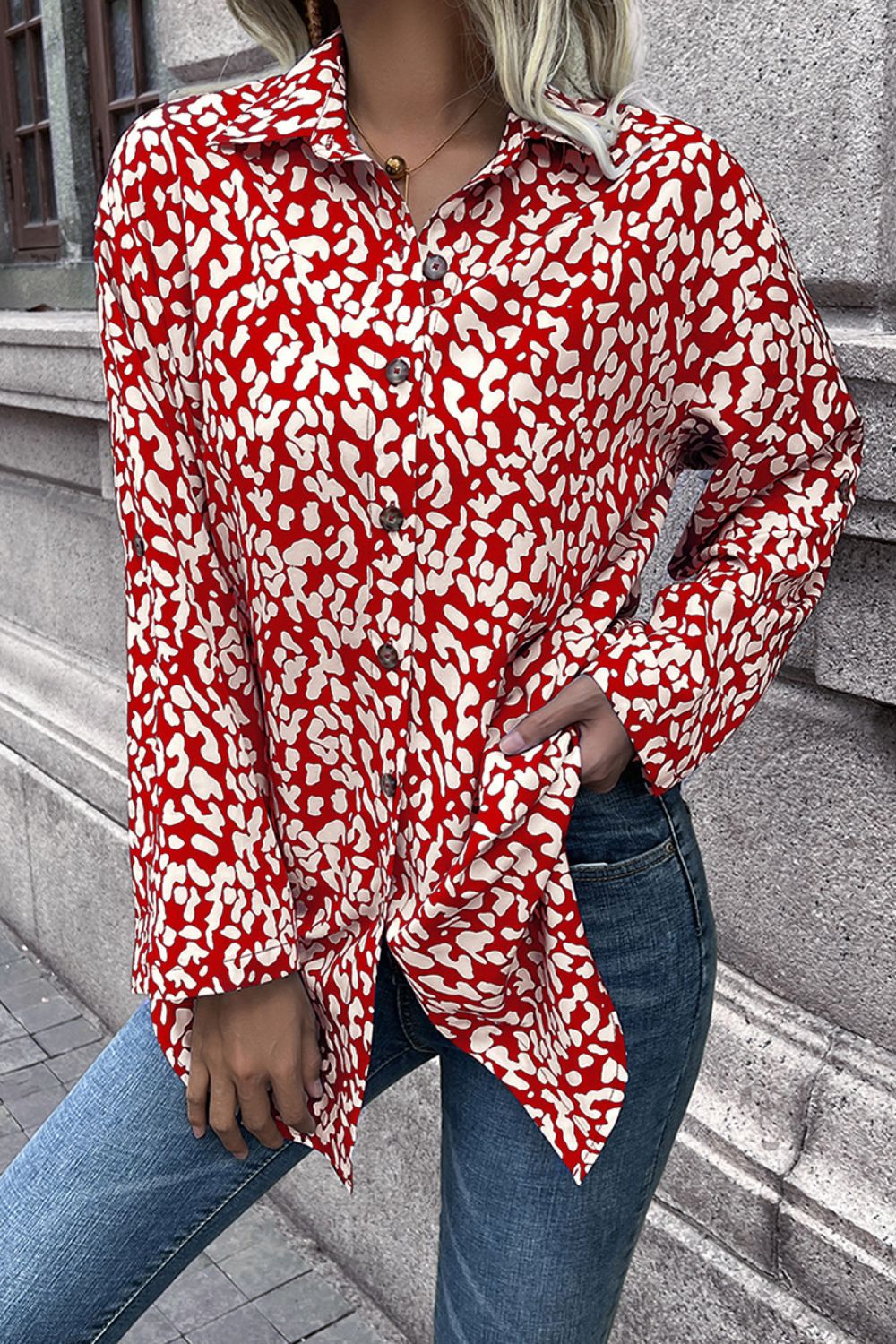 Double Take Leopard Roll-Tap Sleeve Shirt